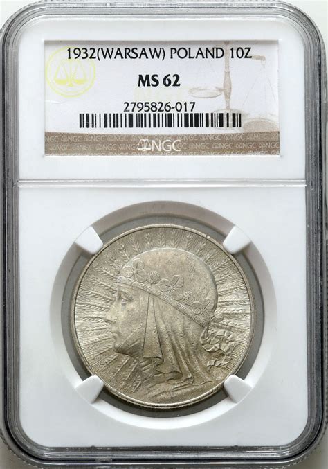 II RP 10 złotych 1932 głowa kobiety ze znakiem mennicy NGC MS62