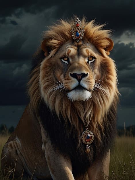 A Lion With A Crown On Its Head Premium AI Generated Image