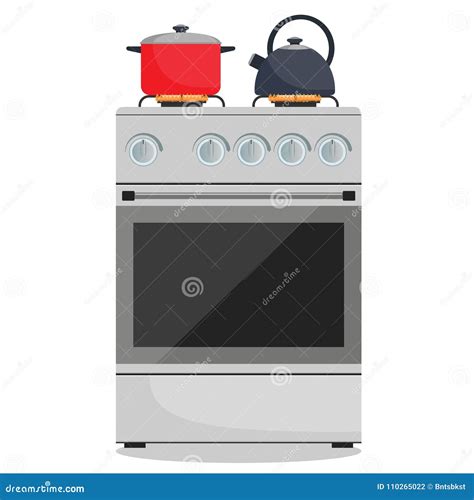 Modern Gas Stove Pot And Kettle On It On Flame Home Kitchen Stove