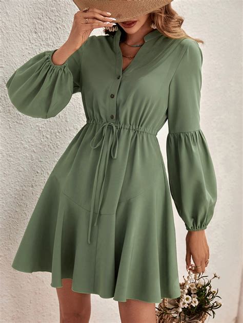 Army Green Notched Neck Ruffle Hem Dress