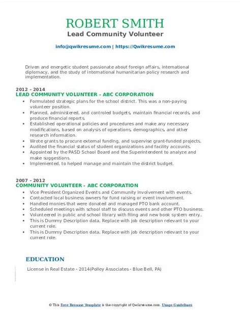 Community Volunteer Resume Samples | QwikResume