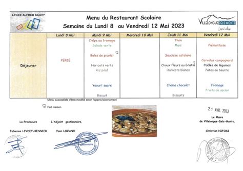 Menu Du Restaurant Scolaire Semaine Du 8 Au 12 Mai 2023 Mairie De