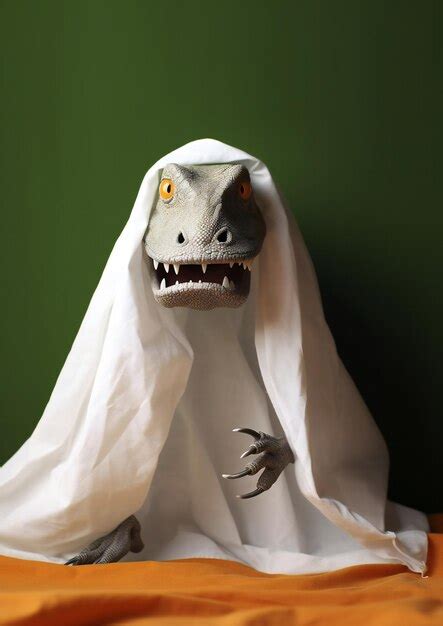 Premium AI Image Dinosaur Hiding Under A Sheet For Halloween