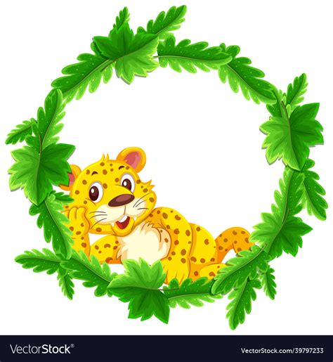 Round Green Leaves Banner Template With A Leopard Vector Image