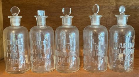 Lot Five Glass Apothecary Bottles Etched Molded Whitall Tatum