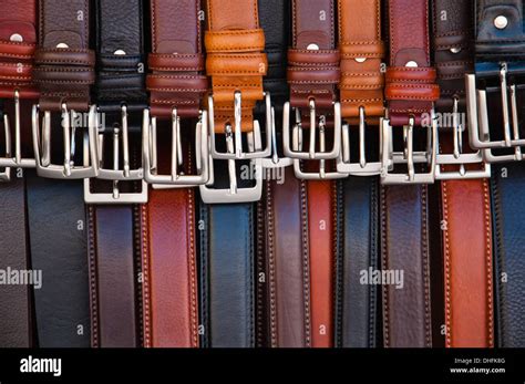 Set Of Leather Belts On Display Stock Photo Alamy