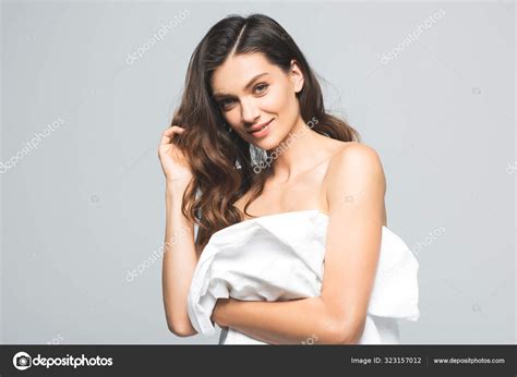 Portrait Positive Beautiful Girl Perfect Skin Isolated Grey — Stock