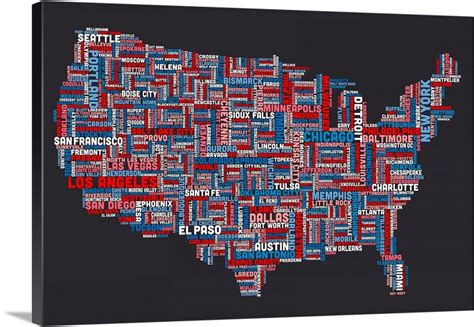 United States Cities Text Map Us Colors On Grey Wall Art Canvas Prints Framed Prints Wall