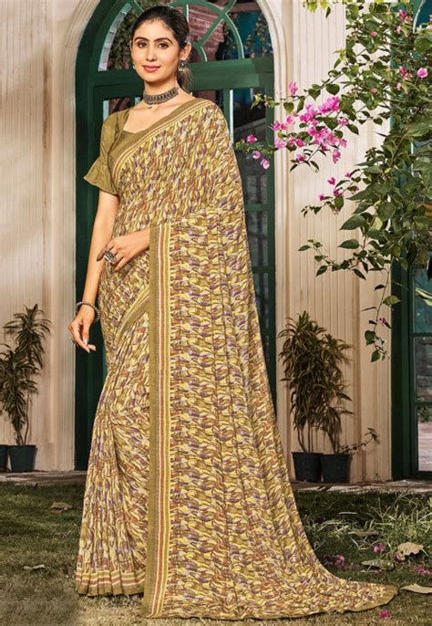 Buy Digital Printed Crepe Saree In Beige Online Ssf Utsav Fashion