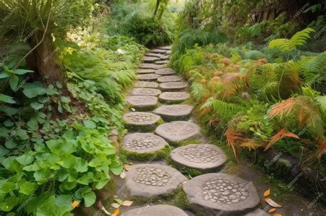 Premium AI Image | Pathway with stepping stones in garden leading to ...