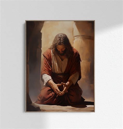 Praying Christ Jesus Praying Hands Kneeling Lords Prayer Art Jesus on Knees Painting Wall Art ...