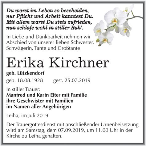 Traueranzeigen Von Erika Kirchner Abschied Nehmen De