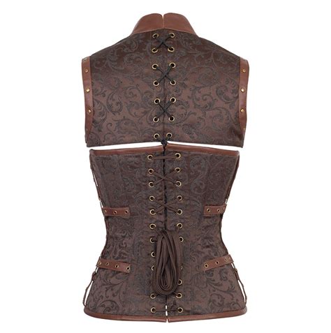 Corset marron motif floral avec cuir synthétique et boléro Steampunk