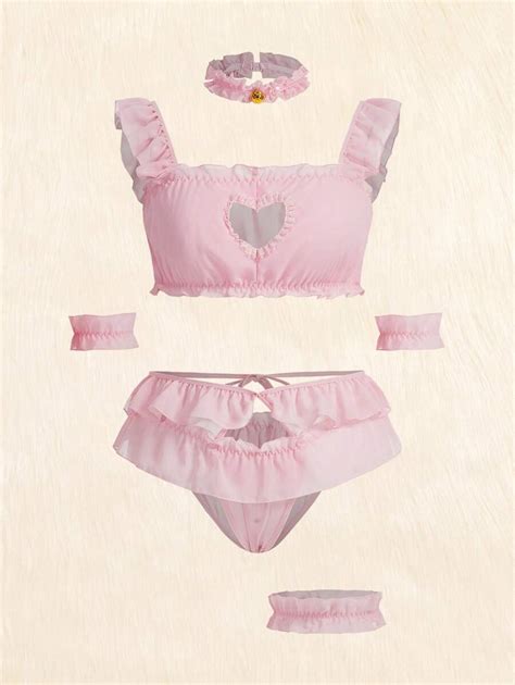 ROMWE Kawaii Plus 6pack Heart Cut Out Frill Trim Lingerie Set SHEIN UK