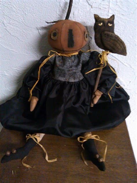 Primitive Folk Art Pumpkin Head Doll And Owl Set Halloween ~ Fall By Primitivewishfuls On Etsy