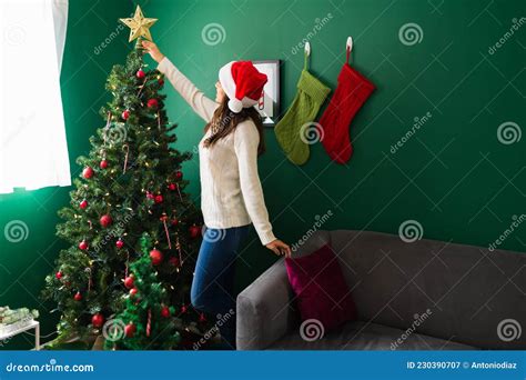 Woman Putting Up The Christmas Tree Stock Image Image Of Attractive Topper 230390707