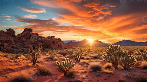 Wild West Texas desert landscape with sunset with mountains and cacti ...