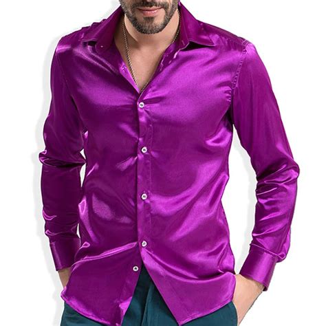 2018 Fashion Shiny Silky Satin Dress Shirt Luxury Silk Like Long Sleeve