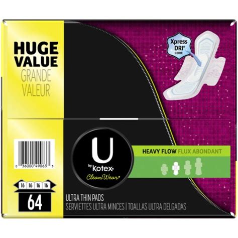 U By Kotex Cleanwear Heavy Flow Ultra Thin Pads With Wings 64 Ct