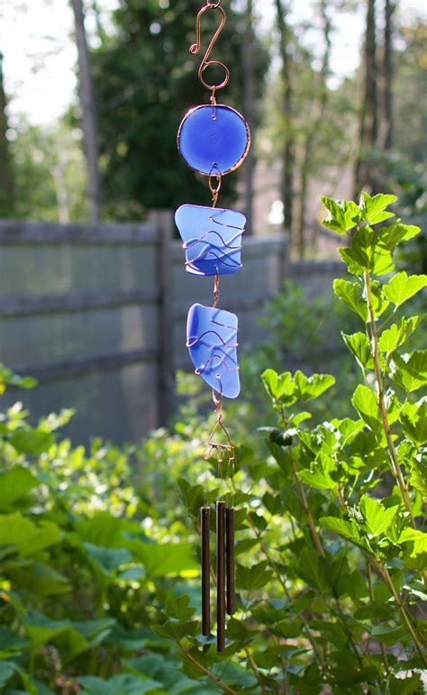 Wind Chime Cobalt Blue Sea Glass Copper Outdoor Windchimes Etsy