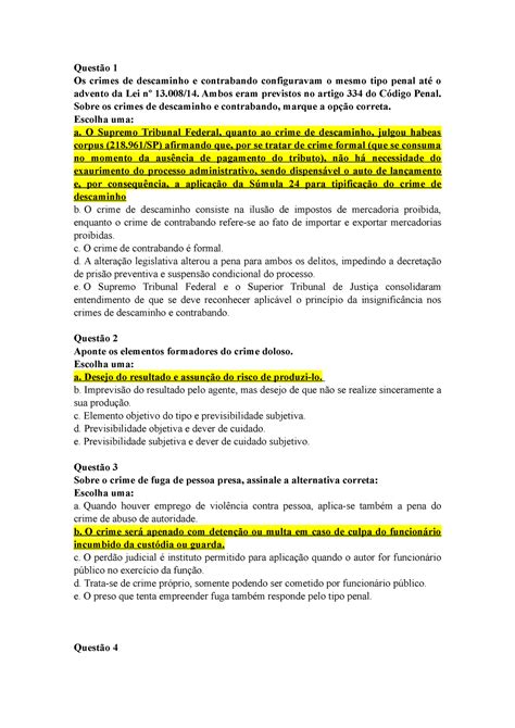 Direito Penal Iv Simulado Quest O Os Crimes De Descaminho E