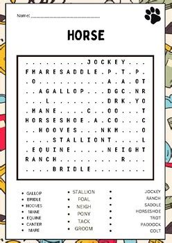 Horse Word Search puzzles worksheet activity by Brain Printable Activity