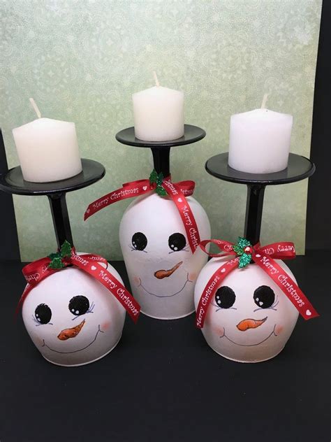 Candle Holder Stemware Up Cycled Hand Painted Snowman Tealight Holiday Decor Wine Glass