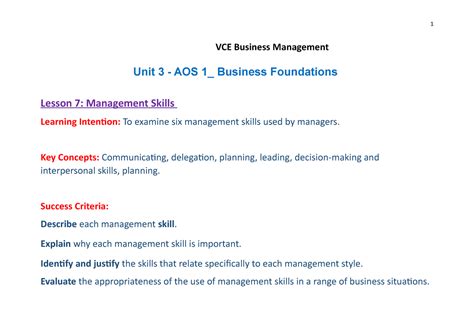 L M Skills U Lesson Business Vce Business Management Unit