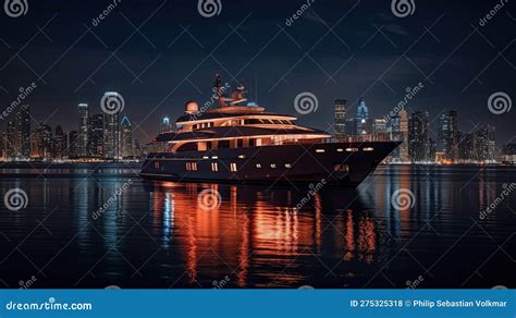 Super Yacht At Night Cruising Along City Skyline Stock Illustration