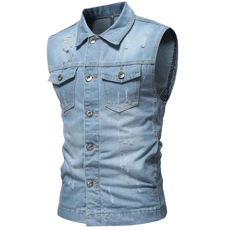 Vintage Washed Solid Denim Vests For Mens Slim Fit Mans Suit Vest Male