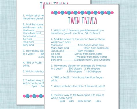 Instant Download Twin Trivia Baby Shower Game For Boy Girl Twins In