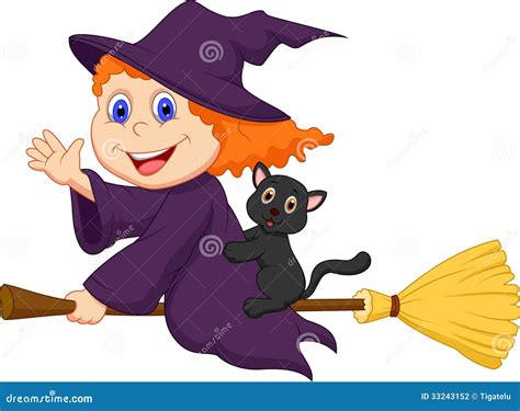 Young Witch Cartoon Flying On On Her Broom Vector Illustration | CartoonDealer.com #33243152