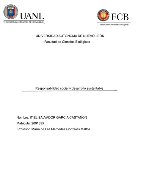 Responsabilidad Social Act Universidad Autonoma De Nuevo LeÓn Facultad De Ciencias Biológicas