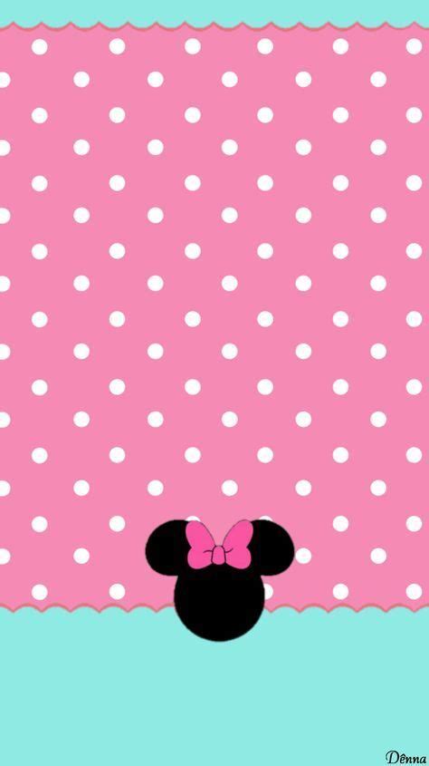 A Pink And White Polka Dot Background With A Minnie Mouse Head On It S Side