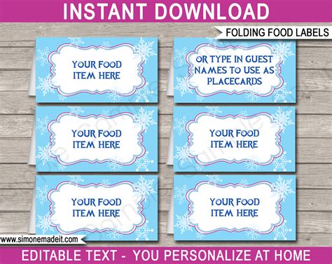 Frozen Party Food Labels Place Cards Winter Theme Birthday Party