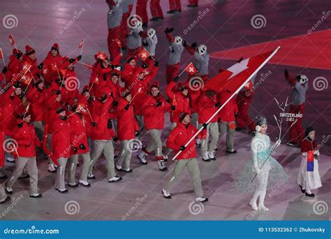 Campeón Olímpico Dario Cologna Que Lleva La Bandera De Suiza Que Lleva