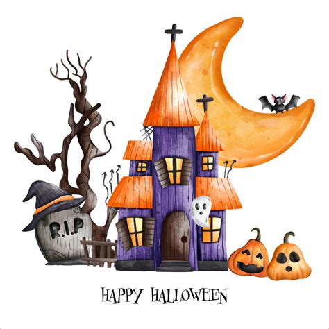 Halloween Haunted House With A Crescent Moon Happy Halloween Watercolor Vector Illustration