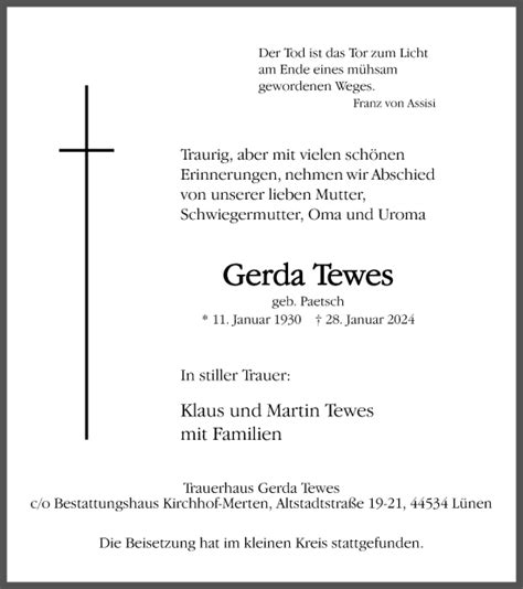 Traueranzeigen Von Gerda Tewes Sich Erinnern De