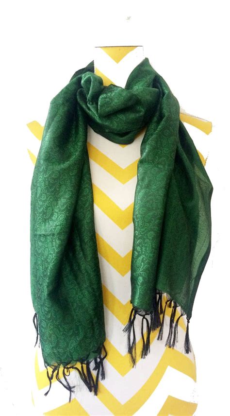 Silk Tassel Scarf-dark Green Silk Scarf,fringe Wrap,silk Stole,self ...