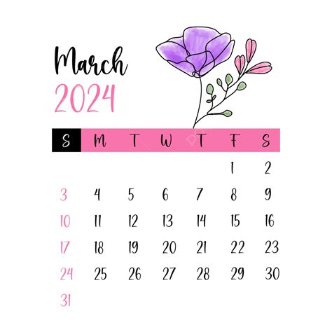 March Floral Monthly Calendar Vector March Floral Calendar March