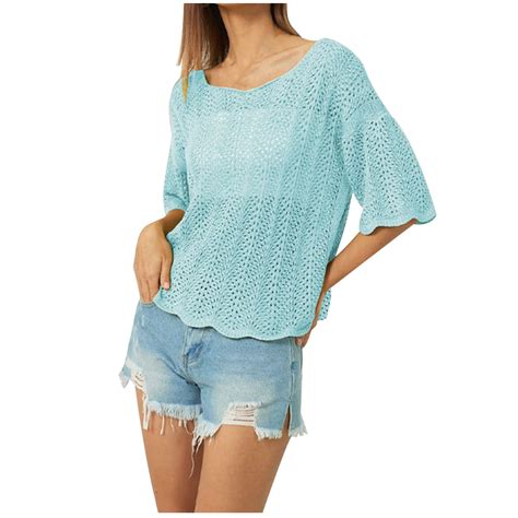 Posijego Womens Short Sleeve Sweater Tops Round Neck Knit Pullover Shirts Summer Hollow Out