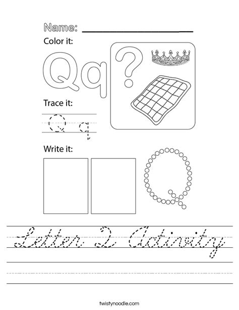 Letter Q Activity Worksheet - Cursive - Twisty Noodle