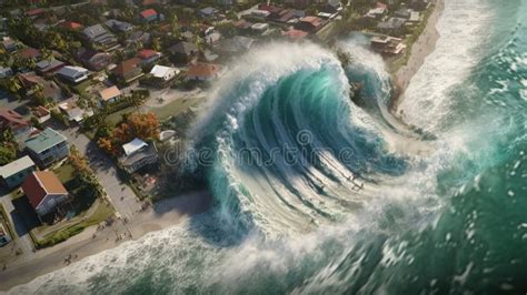 Aerial View Of Tsunami With A Big Wave Generative Ai Stock Illustration