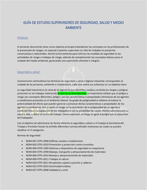 Guia De Estudio Supervisores De Seguridad Ehstandard Gu A De Estudio