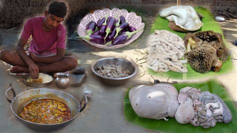 Goat Intestine Gravy Cooking Goat Boti And Brinjal Recipe Clean Goat Intestine Village