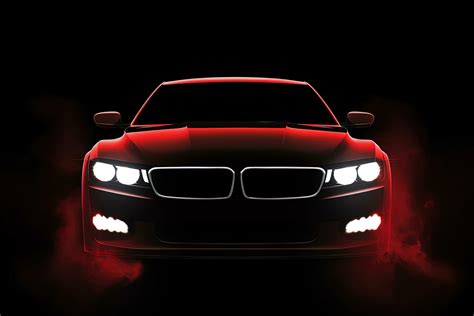 Front view dark silhouette of a modern luxury red car isolated on dark background with red neon ...