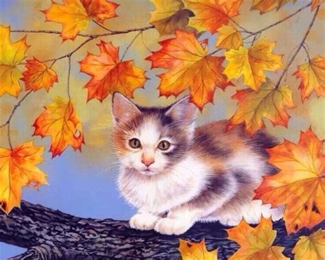 Cat And Maple Leaves Paint By Numbers - Numeral Paint Kit