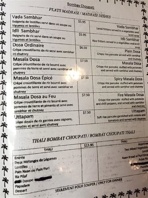 Menu Au Bombay Choupati Restaurant Montréal