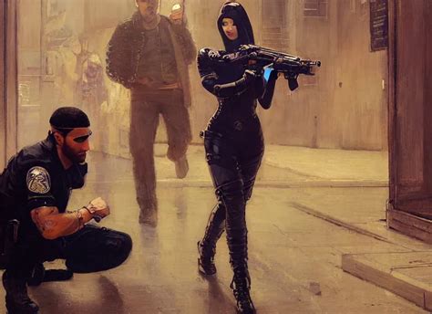 Maria Evades Sgt Griggs Cyberpunk Hacker Escaping Stable Diffusion