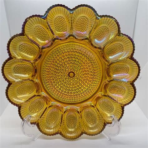 Vintage Indiana Carnival Glass Deviled Egg Dish Plate Iridescent Amber